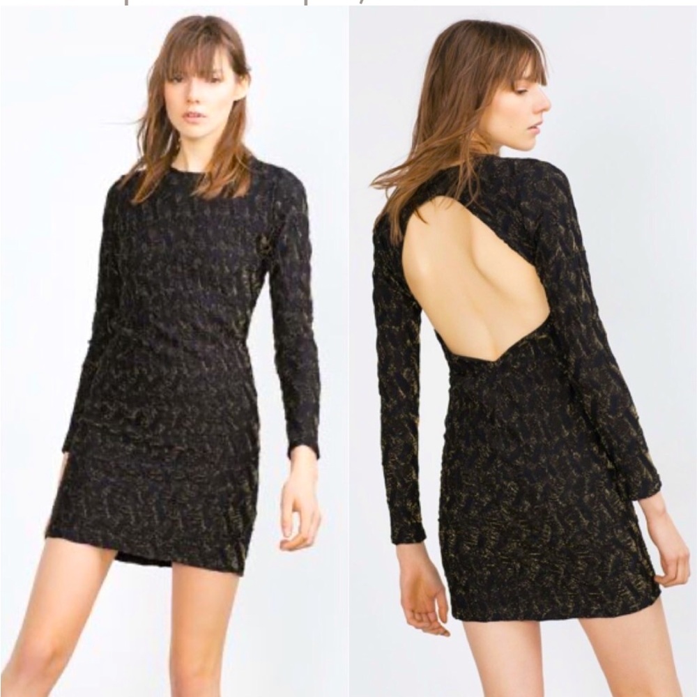 ZARA W&B Collection Open Back Long Sleeve Black/Metallic Gold Dress S‎